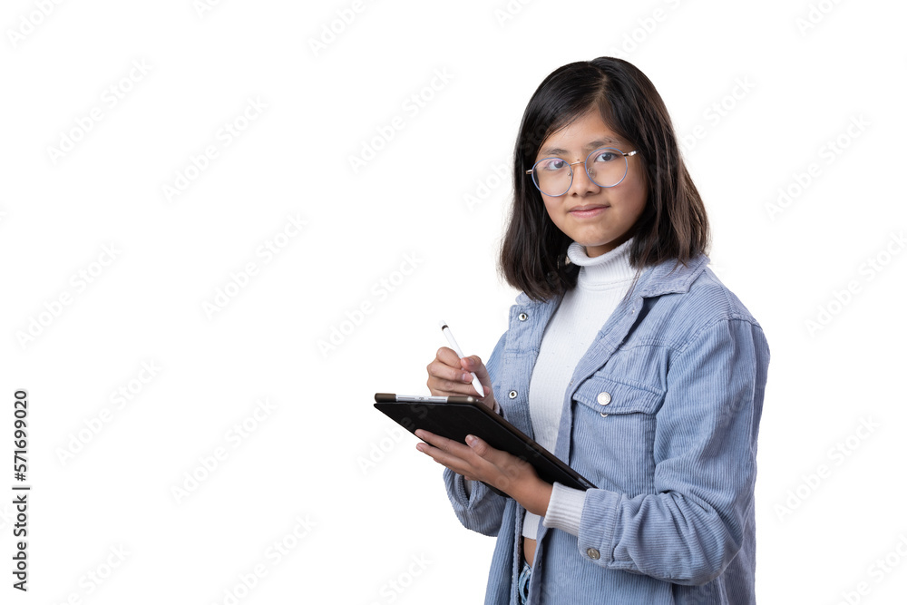 portrait of a Mexican young girl with tablet and stylus pencil, e-learning portrait of a Mexican young girl with tablet and stylus pencil, e-learning