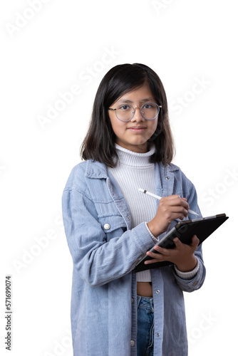 portrait of a Mexican young girl with tablet and stylus pencil, e-learning © Teran