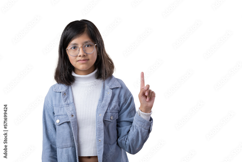 Mexican young woman wearing glasses, pointing up Mexican young woman wearing glasses, pointing up