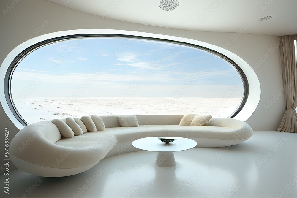 In the living room of this sleek, modern spaceship, a large window takes up an entire wall, offering stunning views. The furniture is simple yet refined, with clean lines and metal finishes. Generativ In the living room of this sleek, modern spaceship, a large window takes up an entire wall, offering stunning views. The furniture is simple yet refined, with clean lines and metal finishes. Generativ