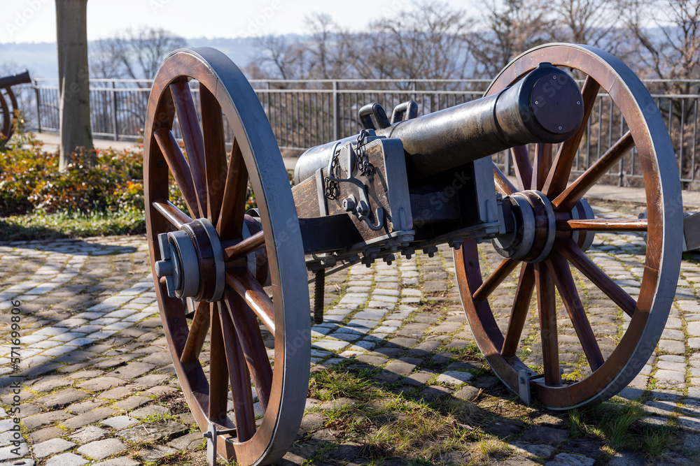View of a replica of an old historical cannon on a sunny winter day