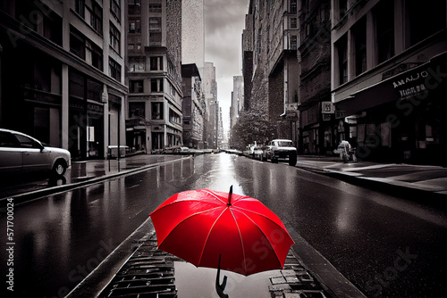 Retro Bild mit Colorkey-Effekt: Schwarz weiß Foto einer Altstadt mit roter retro Straßenbahn - Generative Ai © Sarah