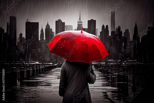Retro Bild mit Colorkey-Effekt:Frau mit roten Regenschirm in einer verregneten schwarz weiß Stadt - Generative Ai © Sarah