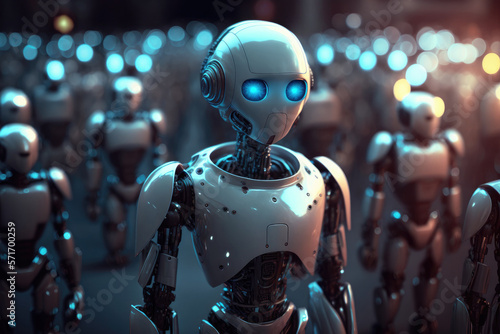 Walking army of robots based on artificial intelligence. Created with Generative AI technology.