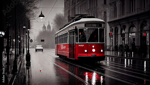 Retro Bild mit Colorkey-Effekt: Schwarz weiß Foto einer Altstadt mit roter retro Straßenbahn - Generative Ai 