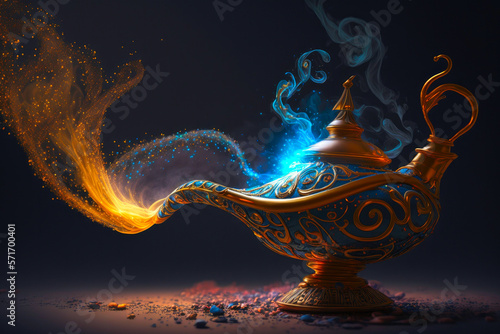 Aladdin's Magic Lamp from which the genie flies out. Created with Generative AI technology. photo