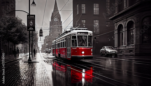 Retro Bild mit Colorkey-Effekt: Schwarz weiß Foto einer Altstadt mit roter retro Straßenbahn - Generative Ai 