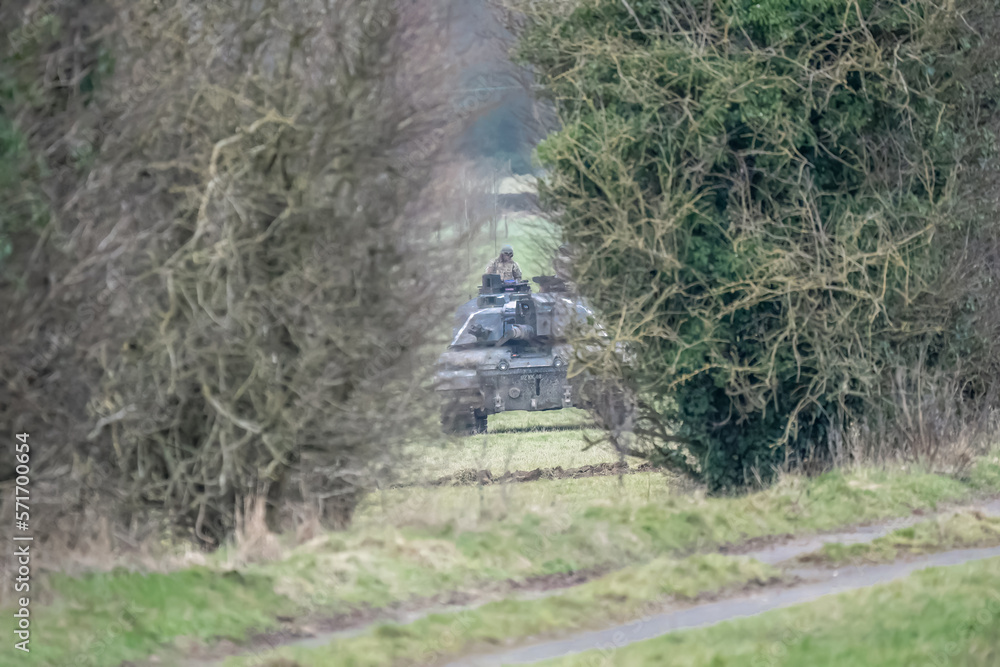 close-up of a British army FV4034 Challenger 2 ii main battle tank in action on a military combat exercise, Wiltshire UK