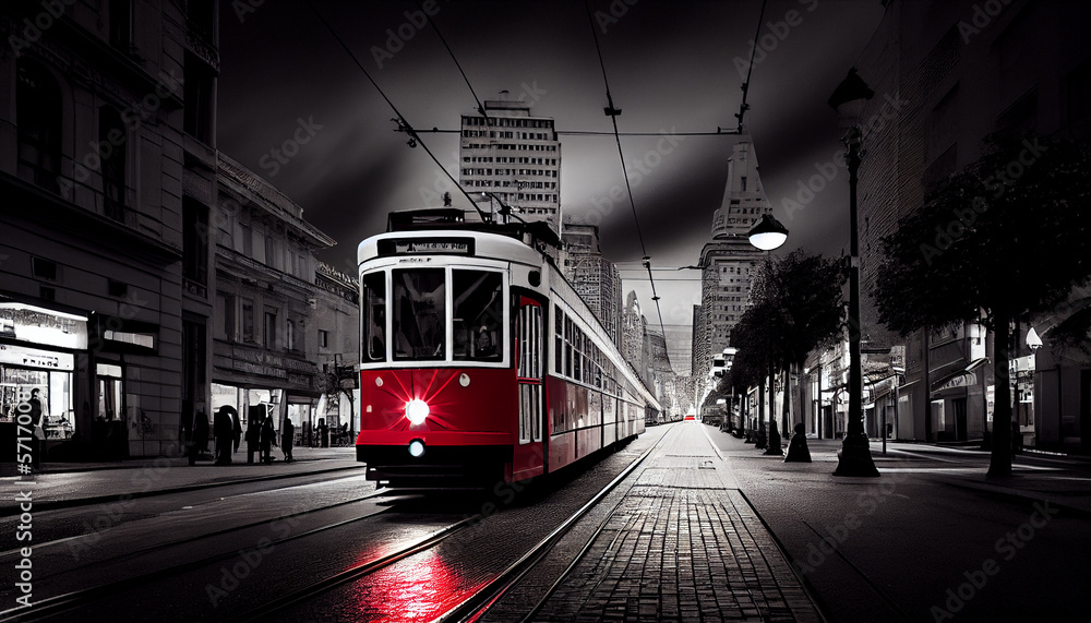 Retro Bild mit Colorkey-Effekt: Schwarz weiß Foto einer Altstadt mit roter retro Straßenbahn - Generative Ai
