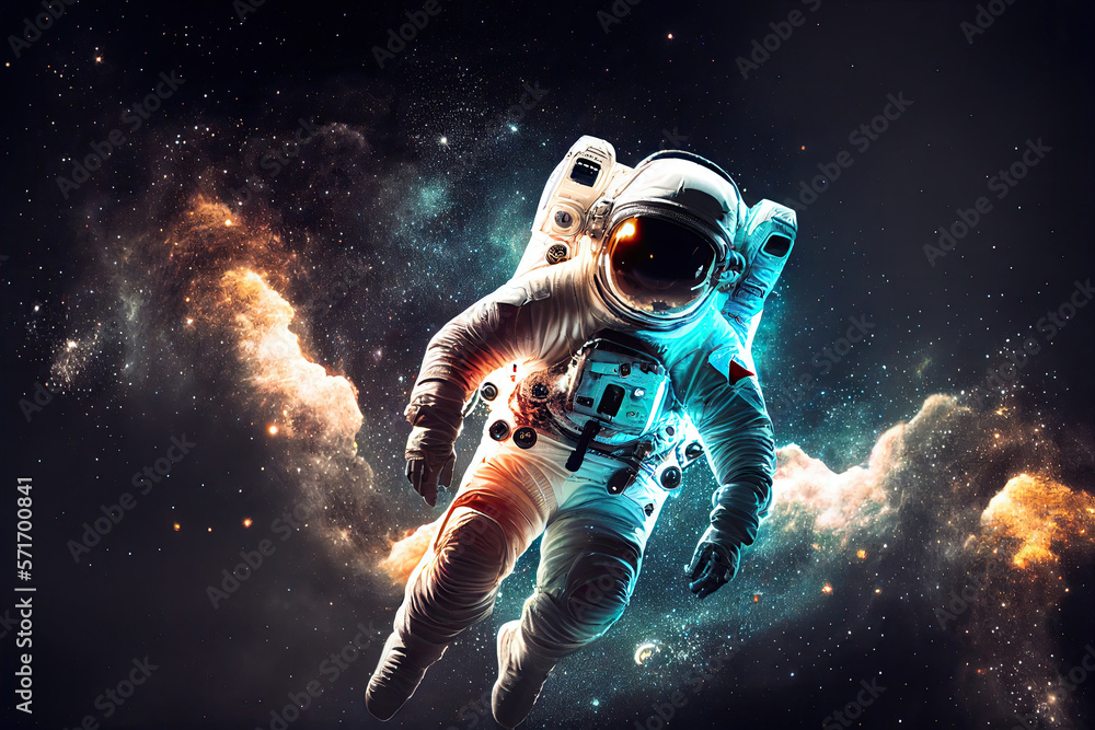 Fototapeta premium Astronaut in space suit flying in outer space with planet on background, close up. Deep space exploration. Created with generative ai
