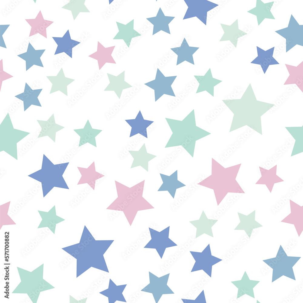 Seamless repeating pattern of pastel blue, pink, light green stars for fabric, textile, papers and other various surfaces Seamless repeating pattern of pastel blue, pink, light green stars for fabric, textile, papers and other various surfaces
