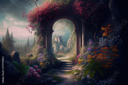 Fantastic landscape. Arch with blooming flowers and road stretching into the valley. Unusual world. Created with Generative AI