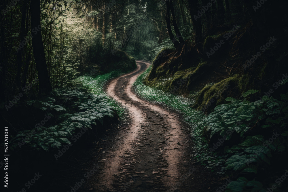 Beautiful scenery of pathway in a forest with trees. Illustration Generative AI Beautiful scenery of pathway in a forest with trees. Illustration Generative AI