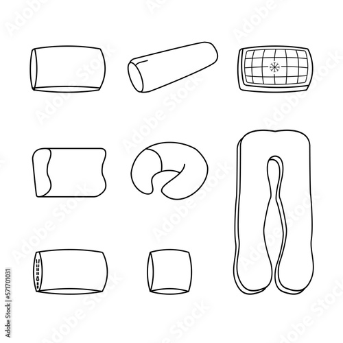 Set of icons of pillows and rollers. Square, rectangular, curly, travel, for pregnant women, with a removable cover. Isolated vector image.