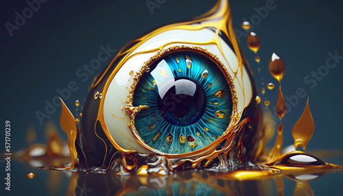 illustration of an eyeball spreading with liquid glass	 photo