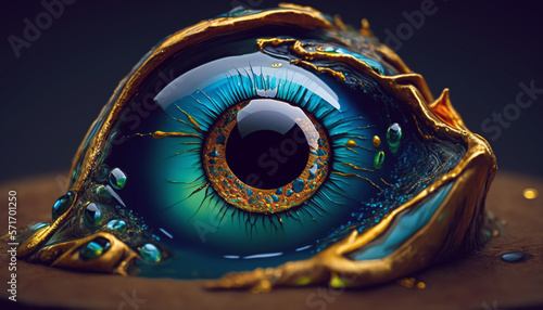 illustration of an eyeball spreading with liquid glass	 photo