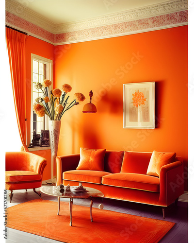un salon orange avec un canap   et un fauteuil confortable - IA Generative