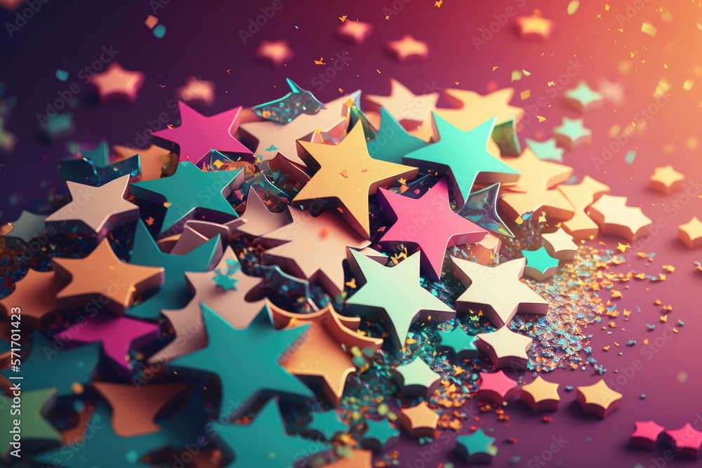 Glitter star confetti on colorful abstract. Illustration Generative AI