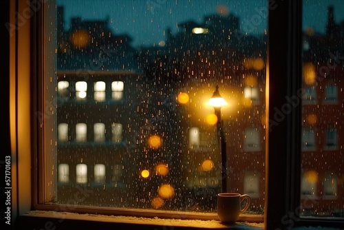 Rainy city. Droplets on glass window. 