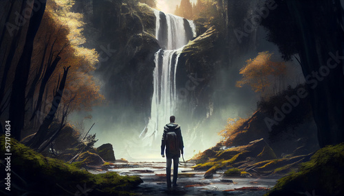 Lonely man in forest with waterfall. generative AI