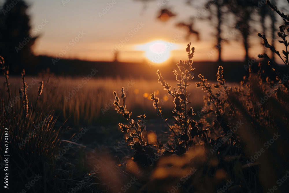 Obraz premium view of sunset light close up of field. Illustration Generative AI