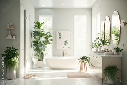 Bathroom with vanity with themes of nature and self care, made using generative ai © Michael