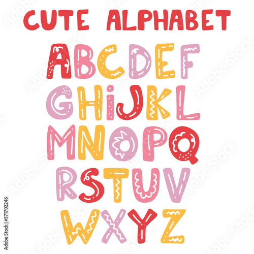 Handdrawn vector english alphabet with abstract patterns. ABC poster. Latin  roman letters. Childish  handmade style. Customized colors. For banners  quotes  advertising  posters  cards  invitations. 
