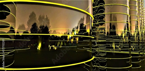 Fototapeta Naklejka Na Ścianę i Meble -  Yellow lights of the night park reflected on the glass exterior of the upscale circle skyscrapers constructed in a row close to each other. 3d rendering.