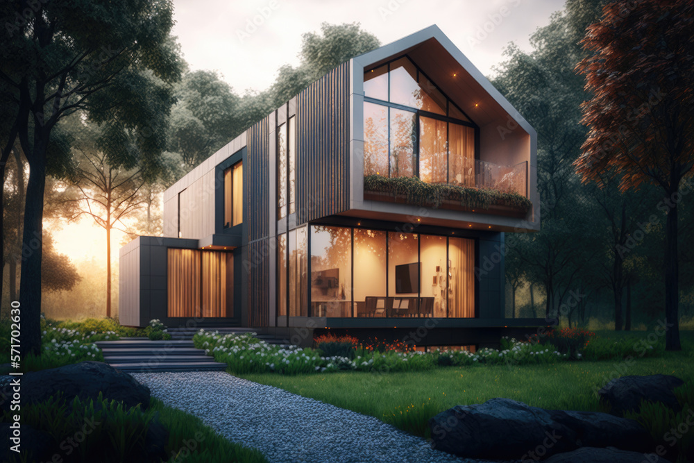 beautiful modern house green landscape design. Illustration Generative AI