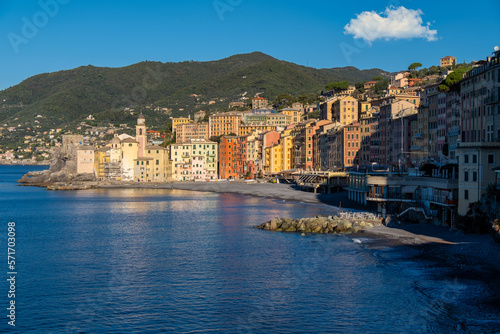 Italian riviera bay of Camogli village in Liguria at sunrise