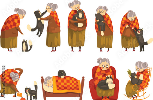 Elderly pet owner and cat. Senior woman feeding, hugging, playing with four legged animal friend cartoon vector Illustration