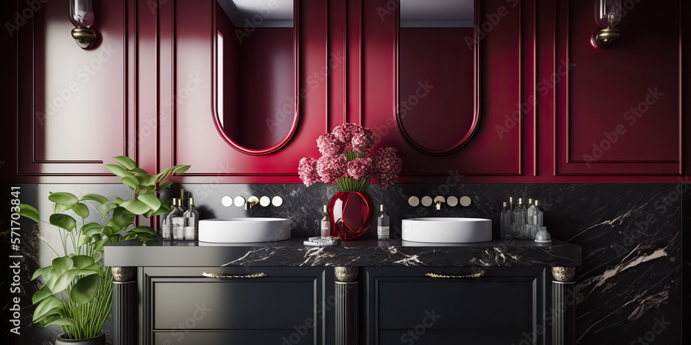 Front view on modern dark bathroom interior. Modern marble vessel sink