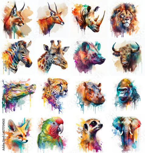 African animal set painted with watercolors on a white background in a realistic manner, multicolored and iridescent. Ideal for teaching materials, books and nature-themed designs. created by AI