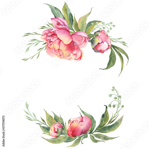 Watercolor floral card with pink peonies, leaves and buds. Illustration on white background.