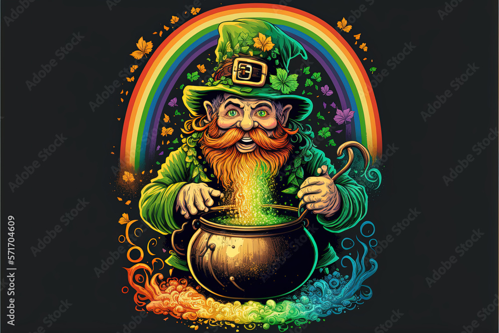 Illustration Of a Leprechaun And a Pot of Gold, Rainbow, Saint Patrick's Day Theme, Wallpaper, Black Background, Generative AI