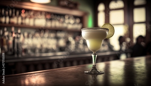 close up a glass of Daiquiri cocktail at vintage bar bokeh light, Generative Ai