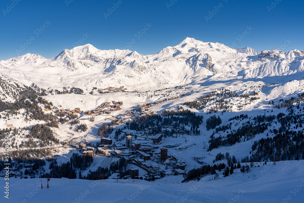 Scenic view of ski resort La Plagne in French Alps on sunny day