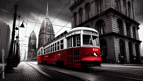 Retro Bild mit Colorkey-Effekt: Schwarz weiß Foto einer Altstadt mit roter retro Straßenbahn - Generative Ai