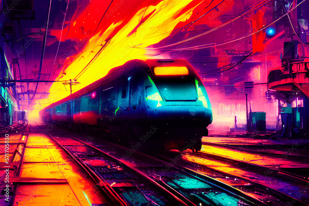 Bright colorful train in motion on rails. Modern train on background of multicolored abstraction with space for your text. Generative AI	