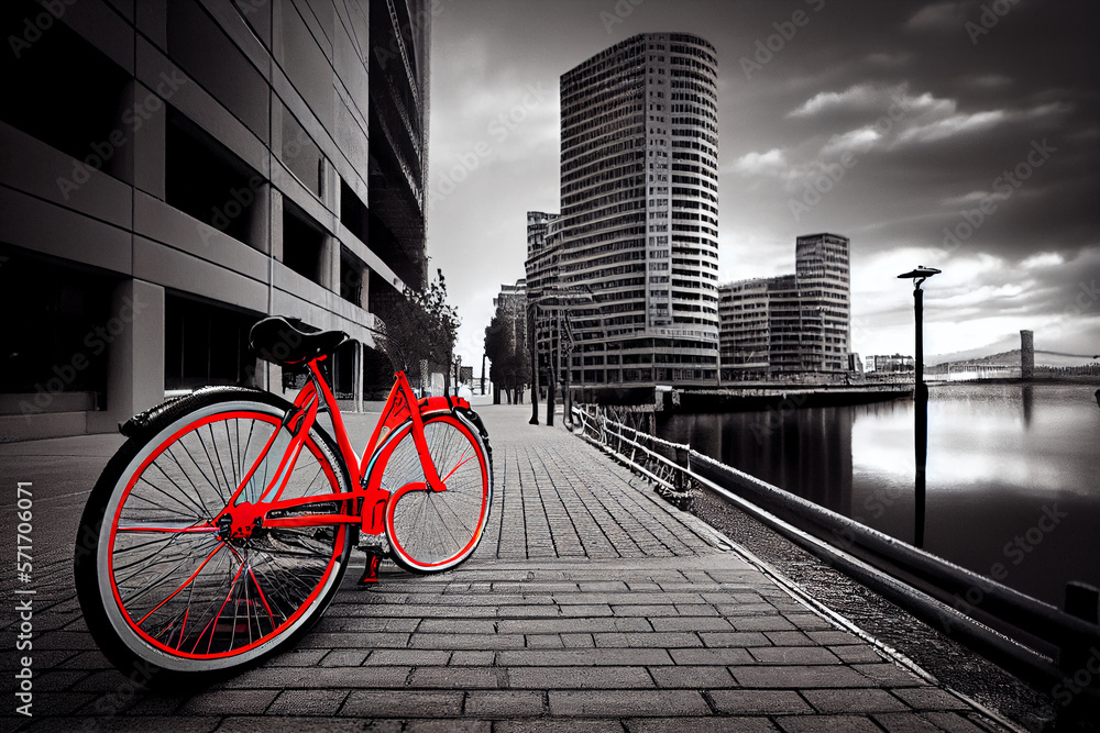 Retro Bild mit Colorkey-Effekt: Schwarz weiß Foto einer Altstadt mit roten retro Fahrrad - Generative Ai Retro Bild mit Colorkey-Effekt: Schwarz weiß Foto einer Altstadt mit roten retro Fahrrad - Generative Ai