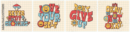 Groovy posters, postcards, retro print with hippie elements. Motivation lettering. 60s, 70s, 80s trendy style.