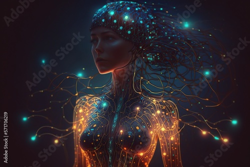 Jellyfish woman with circuits and microchips glowing, concept of Futuristic and Cyberpunk, created with Generative AI technology