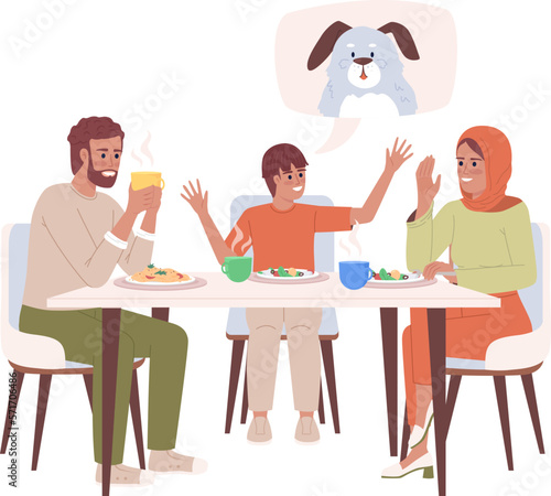 Smiling boy persuading parents to adopt pet puppy semi flat color vector characters. Editable figures. Full body people on white. Simple cartoon style illustration for web graphic design and animation