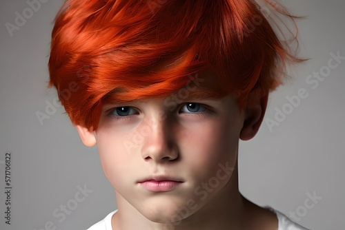 Portrait of serious red-haired boy with blue eyes. Very handsome. Close up. generative AI
