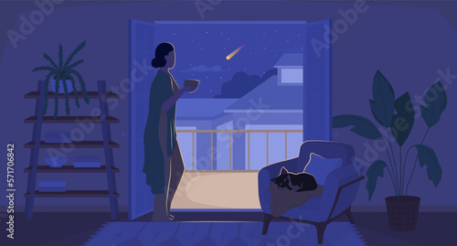 Woman admiring view from balcony at cozy night flat concept vector illustration. Flash message with flat 2D character on cartoon background. Colorful editable image for mobile, website UX design