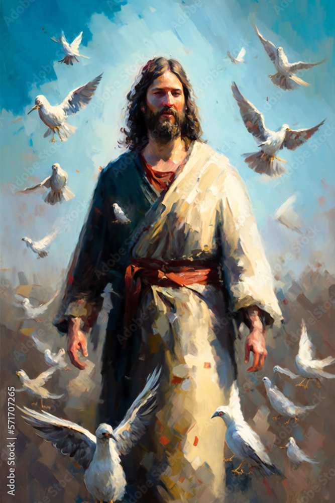 oil painting of human Jesus Christ walking in nature, white doves flying around Him, light coming from him, religious illustration oil painting of human Jesus Christ walking in nature, white doves flying around Him, light coming from him, religious illustration