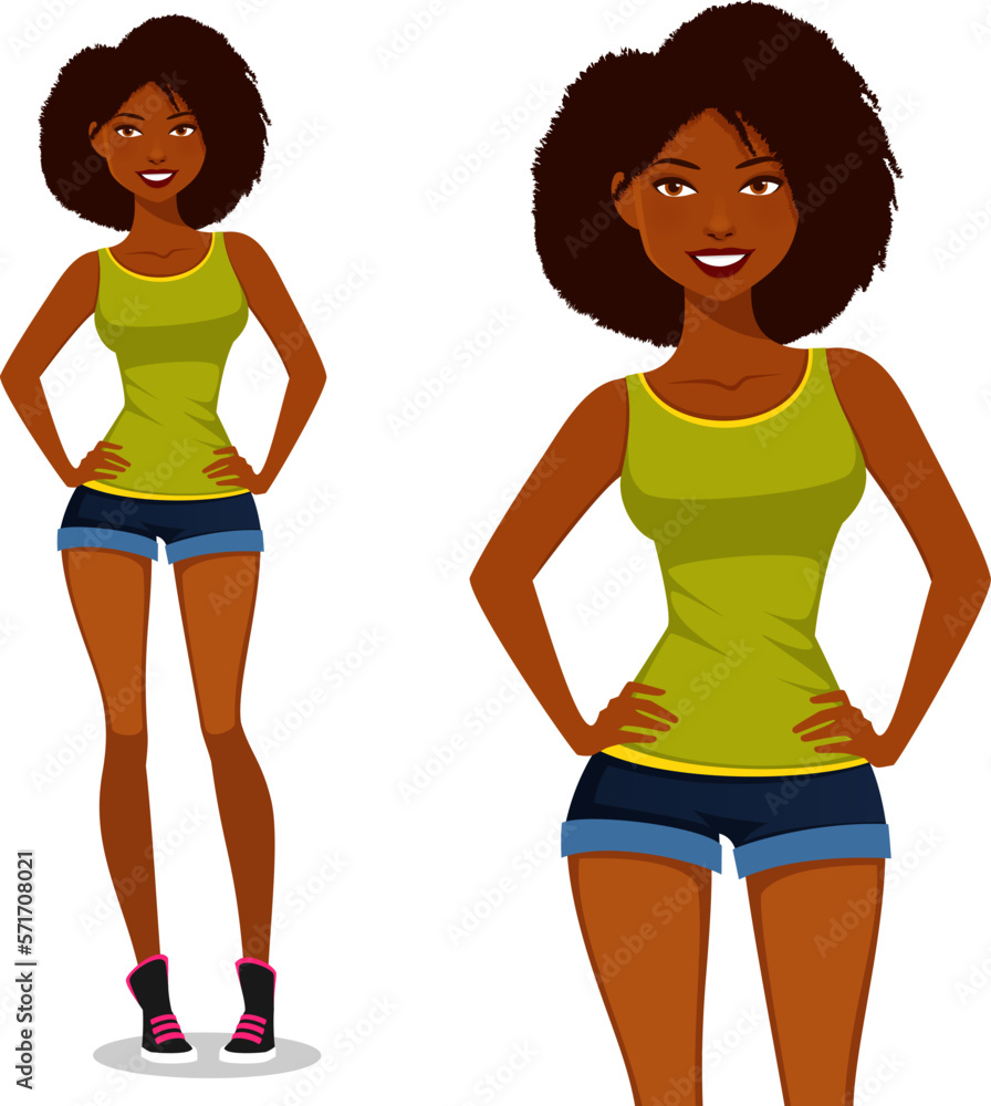Beautiful black girl in jean shorts, smiling and standing with her hands on hips Beautiful black girl in jean shorts, smiling and standing with her hands on hips
