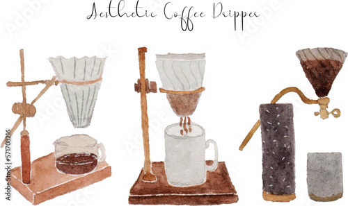 set of aesthetic coffee dripper watercolor illustration