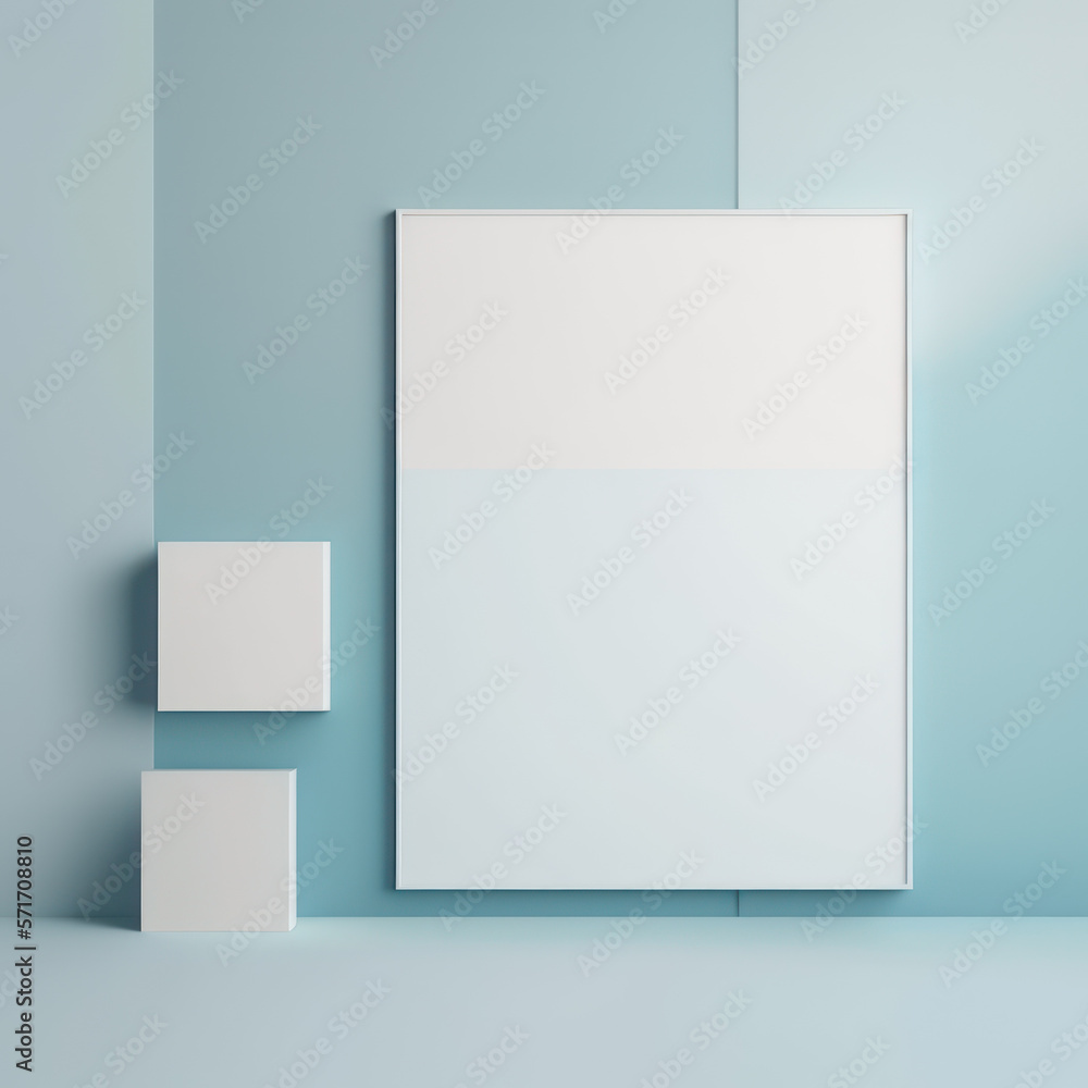 Wall poster mockup azure fog and ivory blocks AI generation. Wall poster mockup azure fog and ivory blocks AI generation.