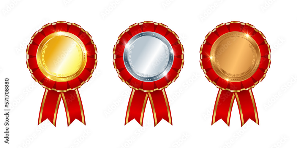 Set of gold, silver, bronze medals with red ribbon. 3d insignia ...
